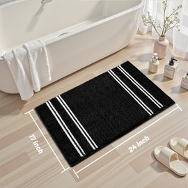 Arenarug Bathroom Rugs 17x24 Extra Soft Absorbent Bath Mat Chenille Non Slip Shower Mat Rubber Backing Machine Washable Bath Mats for Bathroom Shaggy Black Bath Rugs for Tub, Hallway
