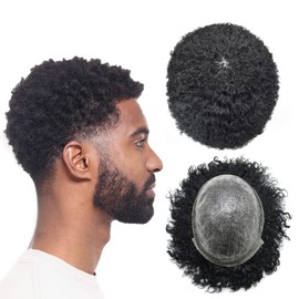 SINGA HAIR Afro Curly Toupee Hair Units for Black Men Wave Hair System Replacement Mens Toupee for American African Injected PU Kinky Curl Hair Piece Unit (1B# Natural Black,6MM Afro Wave)