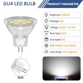 6 Pack MR11 GU4 12-24V 3W LED Bulb, Cool White 6000K, Equivalent to 30W 20W Halogen Spotlight Bulb, 300LM, GU4 Bi-Pin Base, 120°Beam Angle, Non-Dimmable, for Hallway, Living Room