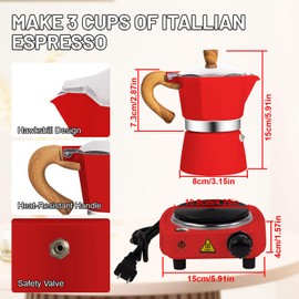 DITOSH 2-in-1 Moka Pot Espresso Set with Electric Stove 3 Cup Aluminum Stovetop Coffee Maker Percolator Italian Classic Mocha Coffee Machine for Italian and Cuban Cafe Brewing Portable Camping Red