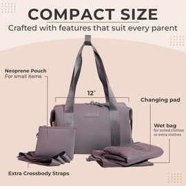 BUNSO Baby Diaper Bag Tote - Premium Neoprene Baby Bag for Mom with Portable Changing Pad & Pouch - Lightweight and Water-Resistant Diaper Tote - 12 x 7 x 8 Inches - Mauve