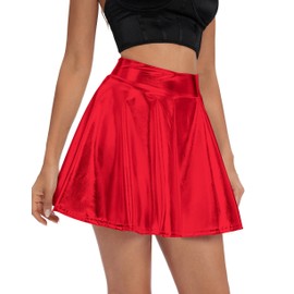 Women's Shiny Flared Pleated Mini Skater Skirt (XL, Red)
