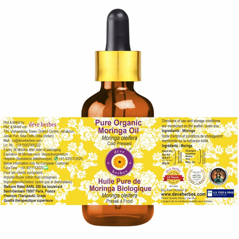 Deve Herbes Pure Organic Moringa Oil (Moringa oleifera) with Glass