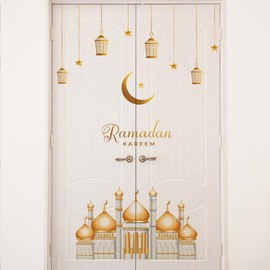 49.34 x 31.37 Inch Ramadan Kareem Wall Decal Eid Mubarak Ramadan Decor Sticker Gold Lantern Moon Star Mosque Stickers for Door Windows Living Room Bedroom Home DIY Art Decorations