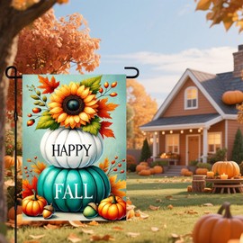 BlissYard Happy Fall Garden Flag 12x18 Inch Sunflower Pumpkin Stack Banner Double Sided Autumn Thanksgiving Yard Decoration for Porch Lawn Farmhouse Outdoor