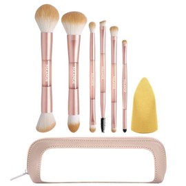 MAANGE Brochas para Maquillaje Profesional 6 Piezas 12 en 1, Brochas de Maquillaje de Doble Punta para Base, Polvo, Contorno, Rubor, Corrector y Ojos con Esponja de Maquillaje y Bolsa de Viaje (Rosa dorado)