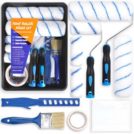 POWZOO Set of 12 Paint Roller Set, Painting Accessories, with XXL Paint Tray, Cover Film, Paint Roller Hanger, Paint Brush, Paint Brush, Masking Tape, Paint Brush Set for Painting Work and Renovation