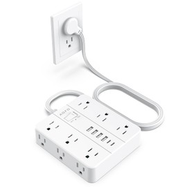 Flat Plug Power Strip, AOFO Surge Protector Flat Extension Cord with 12 AC Outlets and 6 USB(2 USB-C) Ports, Multiple Outlet 5FT Extension Cord for Desk Supplies