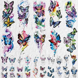 Cerlaza 79 Sheets 3D Butterfly Tattoos Temporary Realistic for Women Adult, Watercolor Fake Tattoos, Adult Temporary Tattoo Stickers on Half Arm Body Art Decorations