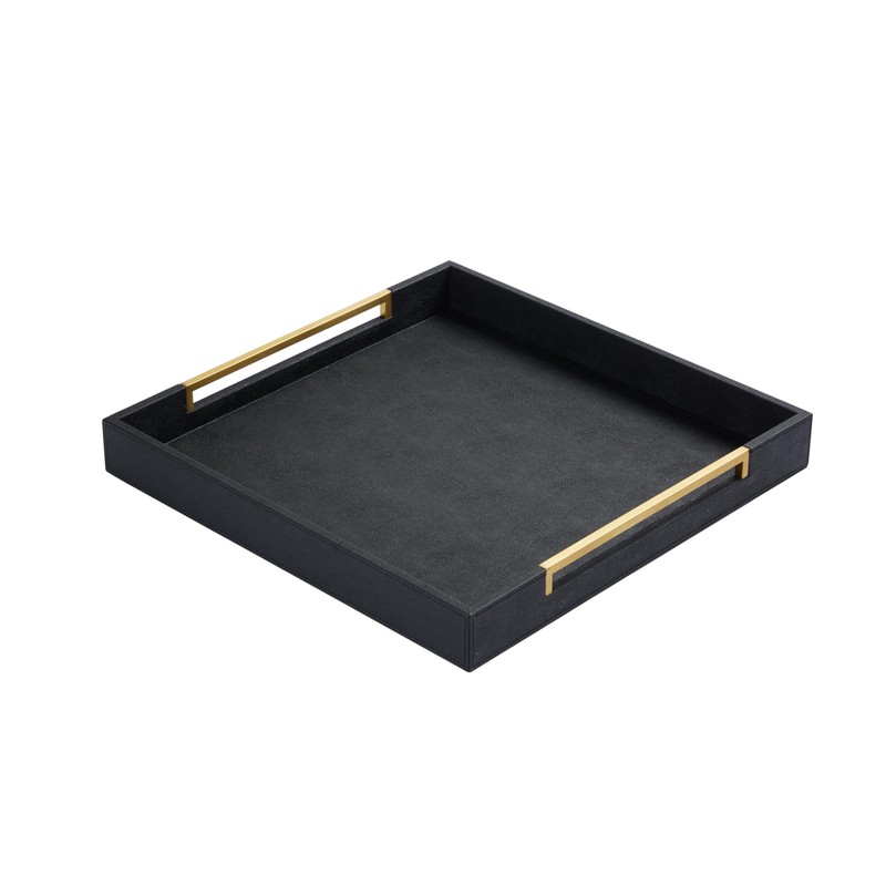 Extra Large Black Shagreen Leather Ottoman Tray with Gold Handles