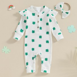 Chloefairy Newborn Baby Girl St. Patrick's Day Outfit Shamrock Ruffle Long Sleeve Romper Infant Irish Ribbed Jumpsuit Headband (White, 3-6 Months)