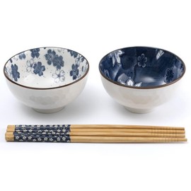 lachineuse - Set of 2 Chinese Bowls, Flower Design, Blue, ⌀ 11 cm - Rice Bowls, Breakfast, Appetizer & Soup - 2 Pairs Chopsticks - Asian Bowl Japanese Asia - Japanese Gift