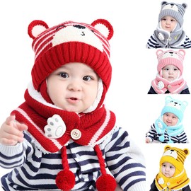 Bozaap Winter Baby Hats,Toddler Winter Warm Scarf Hat Neck Warmer Cute Knitted Hat Scarf Set Baby Earflap Beanie Hat with Scarf (Grey)