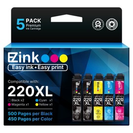 E-Z Ink Remanufactured Ink Cartridge Replacement for Epson 220 XL 220XL T220XL to use with WF-2760 WF-2750 WF-2630 WF-2650 WF-2660 XP-320 XP-420 XP-424(2 Black, 1 Cyan, 1 Magenta, 1 Yellow) 5Pack