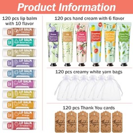 AZEN 120 Juegos de Regalos a Granel, Crema de Manos y Bálsamo Labial a Granel con Bolsa de Organza, Tarjeta de Agradecimiento, Regalos de Baby Shower 