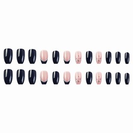 MISUD Press on Nails - Medium Coffin Fake Nails with Black French Tip, Acrylic Bling Glitter Design 24 pcs