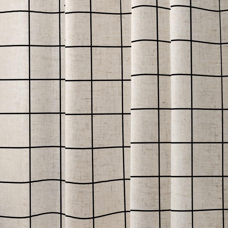 Farmhouse Plaid Shower Curtain Beige Linen Shower Curtains for Bathroom
