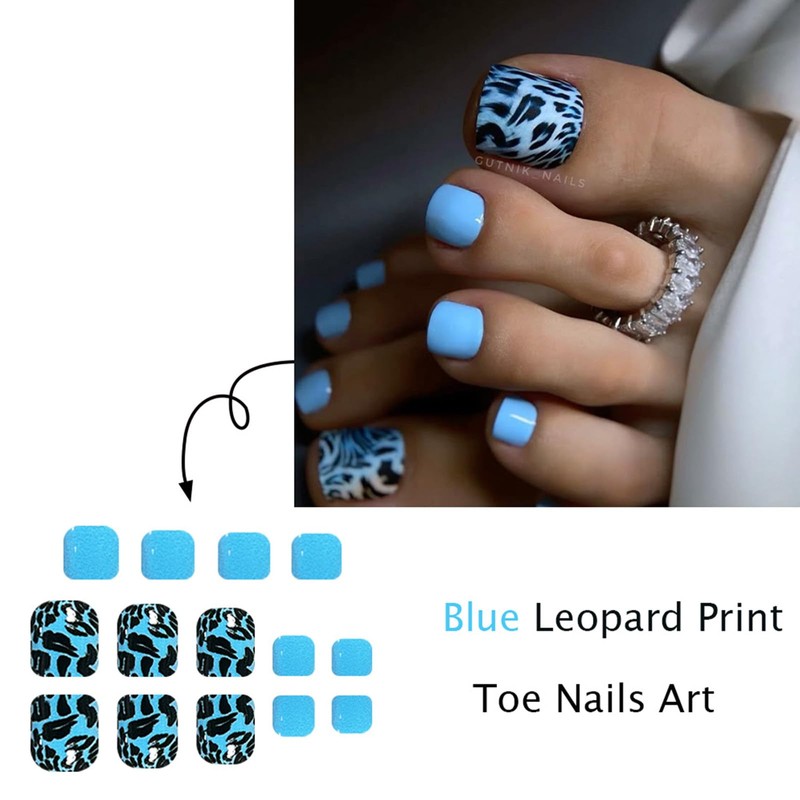 24Pcs Blue Leopard Press on Toenails Short Square Fake Toe