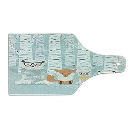 Ambesonne Woodsy Cutting Board, Snowy Winter Theme in the Wild Nerdy Animals in Scarfs Merry Christmas, Decorative Tempered Glass Cutting and Serving Board, Wine Bottle Shape, Pale Seafoam Multicolor