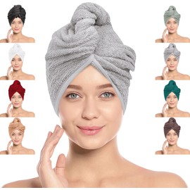 LOOMKNIT Hair Towel Wrap Lightweight Turban, Instant Drying 100% Cotton Hair Cap Super Quick Absorbent Anti-Frizz Twist Toweling Dry Hat with Button and Loop for Long Curly Hairs, 61 x 24CM