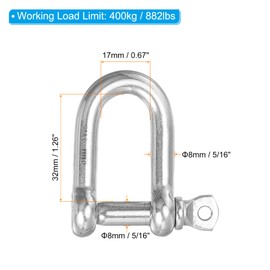 PATIKIL Screw Pin Shackle M8 5/16" 882lbs, 4 Pack 316 Stainless Steel D Ring Shackle for Chains Wire Rope Outdoor, Silver