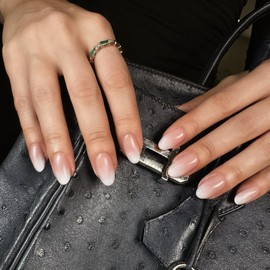 KQueenest Press on Nails Short French - Ombre Pink White Stick-On Nails Short Round, French Fake Nails Gradient Pink, Almond False Nails Set for Women, 24 Pieces