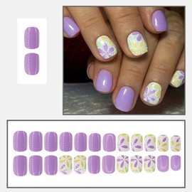 24 Pcs Spring Press on Nails Extra Short Square - LINMEIZAI Purple Cute Fake Nails Press ons Nail Tips Glue on Nails Full Cover Acrylic Nail Kit False Nails with Small Flower Nail Art Design for Women