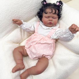 TERABITHIA 24 Inch Realistic Reborn Toddler Doll African American Baby with Curly Rooted Hair & Pink Polka-Dot Romper Lifelike Sleeping Collectible Newborn Girl Doll Gift Set