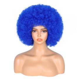 70's Afro Wig for Women, Blue Short Afro Kinky Curly Wig, Glueless Synthetic Wig with Bangs, Puffy & Fluffy Bouncy Afro Wig for Daily Cosplay Party