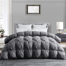 HOMBYS Feather and Down Comforter Queen Size, 90x90 Pinch Pleat Duvet Insert with 100% Cotton Downproof Cover, Grey Fluffy Thick Comforter with Corner Tabs for All Season, Baffle Box Design
