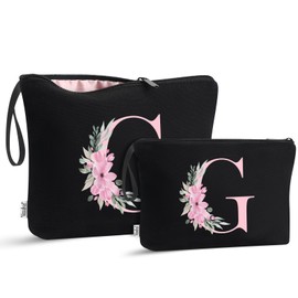 Vavabox 2 Pcs Initial Toiletry Bags Set,Birthday Gifts for Women,Travel Portable Toiletry Bag with Handle (G, Black)