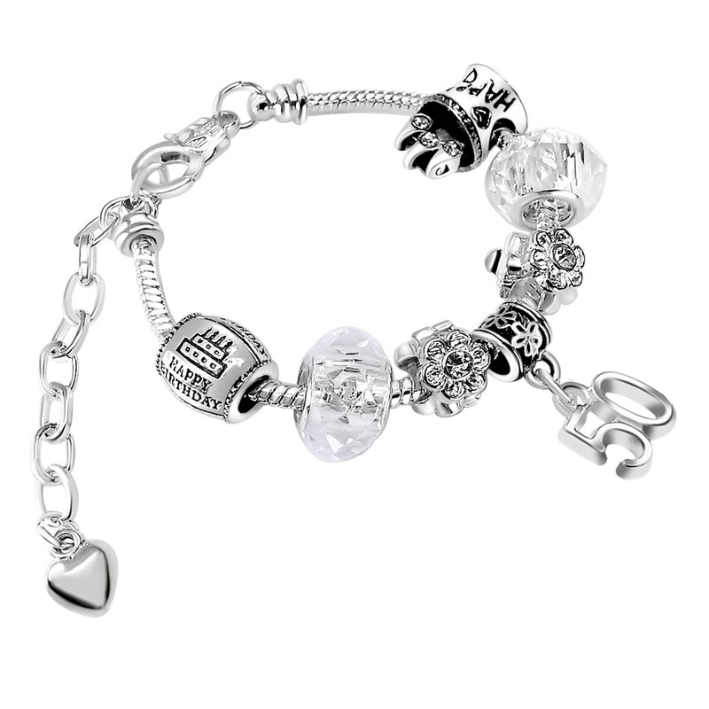Womens 50th Birthday Sparkly Crystal Charm Bracelet with Silver Gift