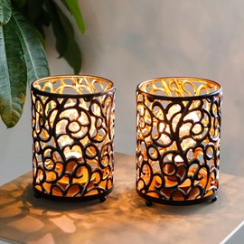 JHY DESIGN 2er Set Batteriebetriebene Lampe 16 cm Hoch mit 6-Stunden-Timer Metall Tischlampe Vintage Schnurlose Lampen LED-Batterielaterne Laterne Nachttischlampe für Deko Indoor Outdoor (Schwarz)
