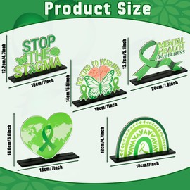 BkeeCten 5pcs Mental Health Awareness Wooden Centerpieces Decorations, Green Ribbon Positive Detachable Wooden Desktop Tiered Tray Mental Health Awareness Month Indoor Decoration Handout Supplies