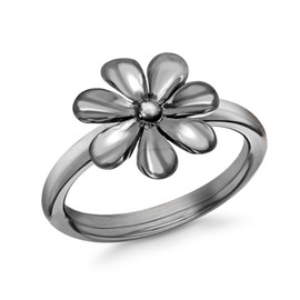 Sterling Silver Black Rhodium Plated Flower Ring- Size N