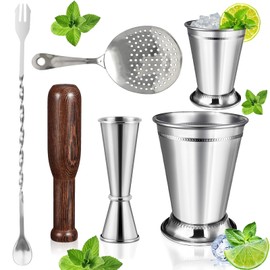 5 Pcs Mint Julep Cups Set 12 oz Stainless Steel Beaded Mint Julep Cups Silver with Jigger, Strainer, Stirring Spoon, Wooden Muddler for Mint Julep Cocktails Beer Juice Beverage