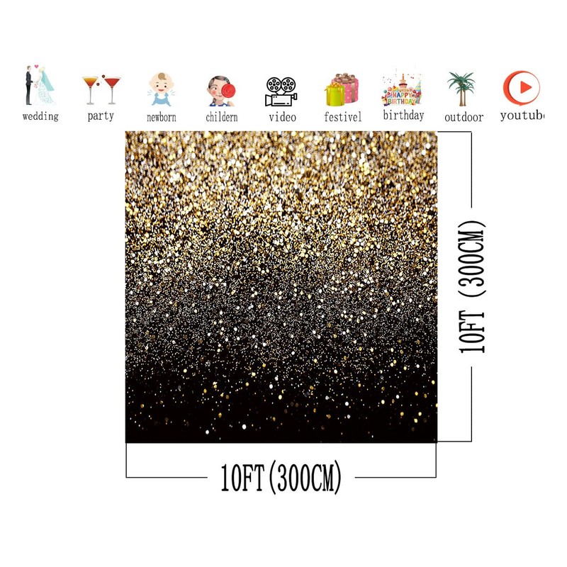 AIIKES 10x10FT Golden Bokeh Photography Backdrop Black and Gold Glitter