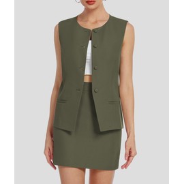Casly Lamiit Womens Suits 2 Piece Set Business Blazers Vest Skirts Set Button Down Sleeveless Waistcoat Summer Dressy Casual Outfits Army Green Plus Size 2XL