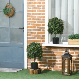 HOMCOM 2 Pack Artificial Ball Boxwood Topiary Trees, Fake Plants with Fruit and Plant Pot for Home Office Decor, Orange