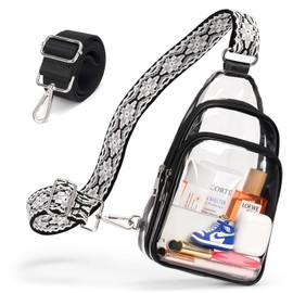 QOECI Clear Sling Bag Stadium Approved with 2 Detachable Straps, Double Zipper Clear Bag for Stadium Events, Sling Bag Purses for Concerts Sports, with Adjustable Black & Snowflake Straps