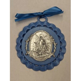 Blue Guardian Angel Crib Medal Prayer in Box with Hanging Ribbon 3.5" diameter