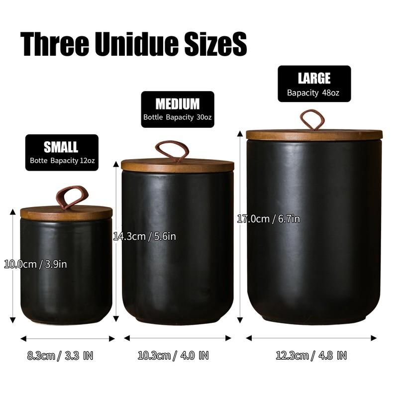 JOJUNO Black Ceramic Canister Set with Wooden Lid, 3-Piece Airtight