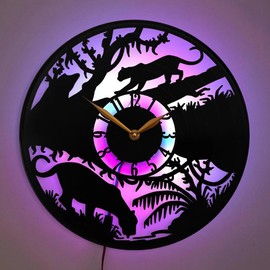 Jungle Leopard Wall Clock – LED Wildlife Decor for Safari Room, Panther Scene Gift Idea, Exotic Nature Accent Art, Animal Lover Theme Clock, Tropical Adventure Decor Gift, Black