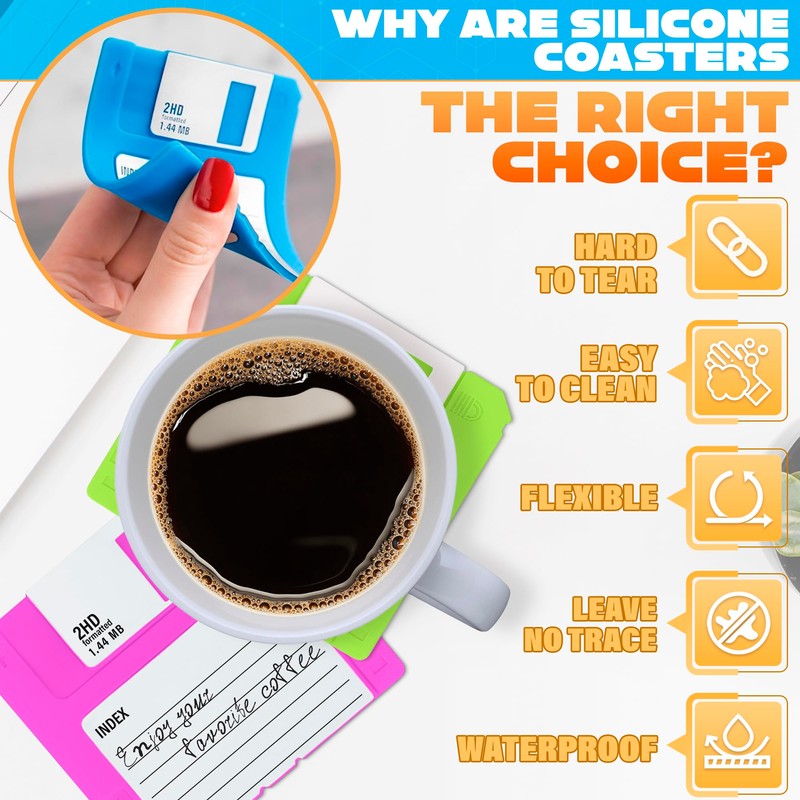 6 Pcs Silicone Floppy Disk Coaster - 6 Bright Colors