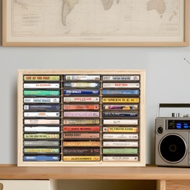 Waratah Designs Cassette Tape Storage Rack, 36-slot Wood Cassette Tape Holder, Wall Mount or Freestanding Audio Cassette Organizer, Playing Card Storage, Unfinished Pine