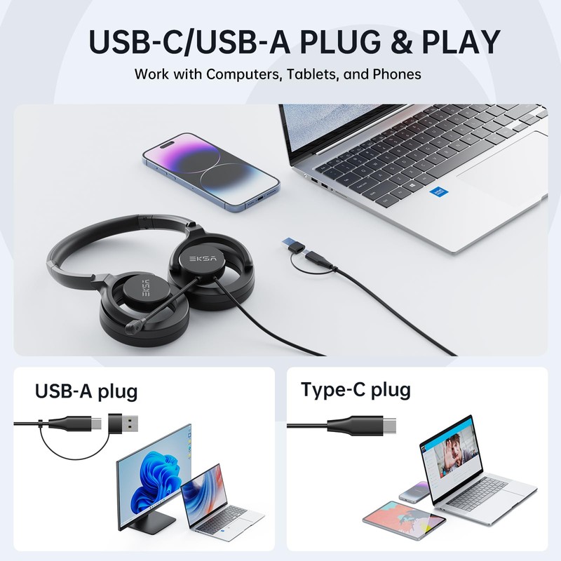 EKSA H27 USB Computer Headset with Microphone for Work, PC
