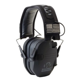 Walker's Razor Slim Electronic Muff (Black Patriot Version) Bundle with Walker's Tactical/Hunting Walkie Talkie, Sport Shooting Glasses and Microfiber Cleaning Cloth (4 Items)