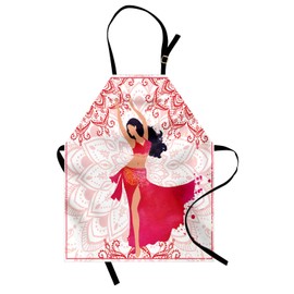 Ambesonne Oriental Apron, Belly Dancer Woman and Floral Ornaments, Unisex Kitchen Bib with Adjustable Neck for Cooking Gardening, Adult Size, Pink Vermilion