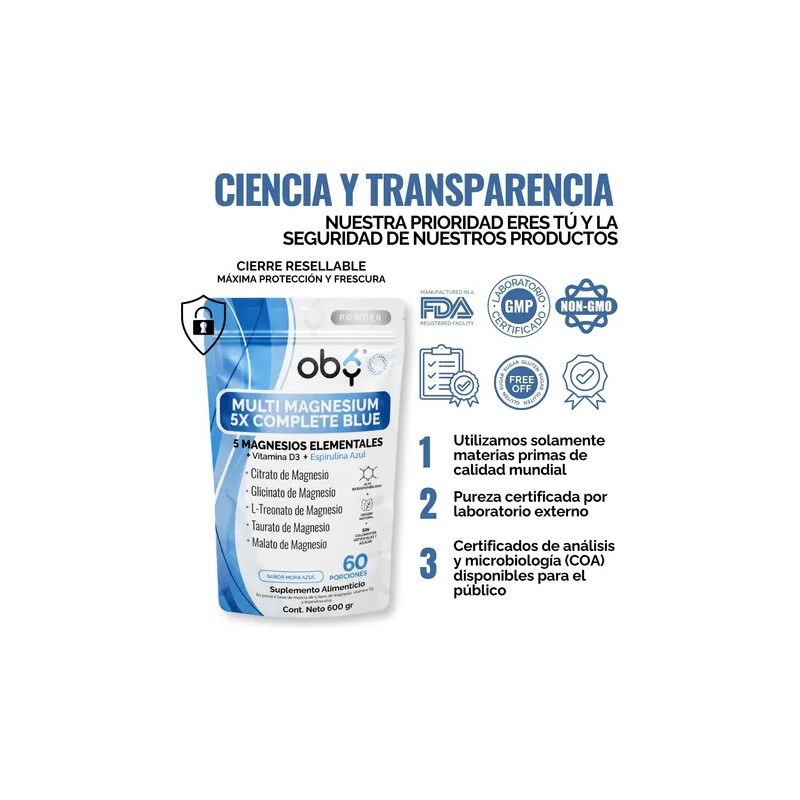 Oby Magnesio Complete 5 Tipos, Espirulina Y D3. Polvo 600g