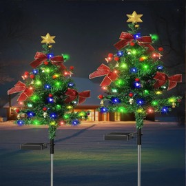 2 Pack 2.5 FT Solar Christmas Tree Outdoor Decoration, Waterproof Xmas Garden Light Decor, Equip with Red Berry, Bow and Bells, Pathway Lights for Patio,Yard(40 LEDs, 30 Inches)
